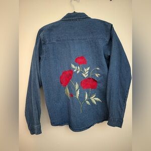 Denim Shirt with Red Floral Embroidery